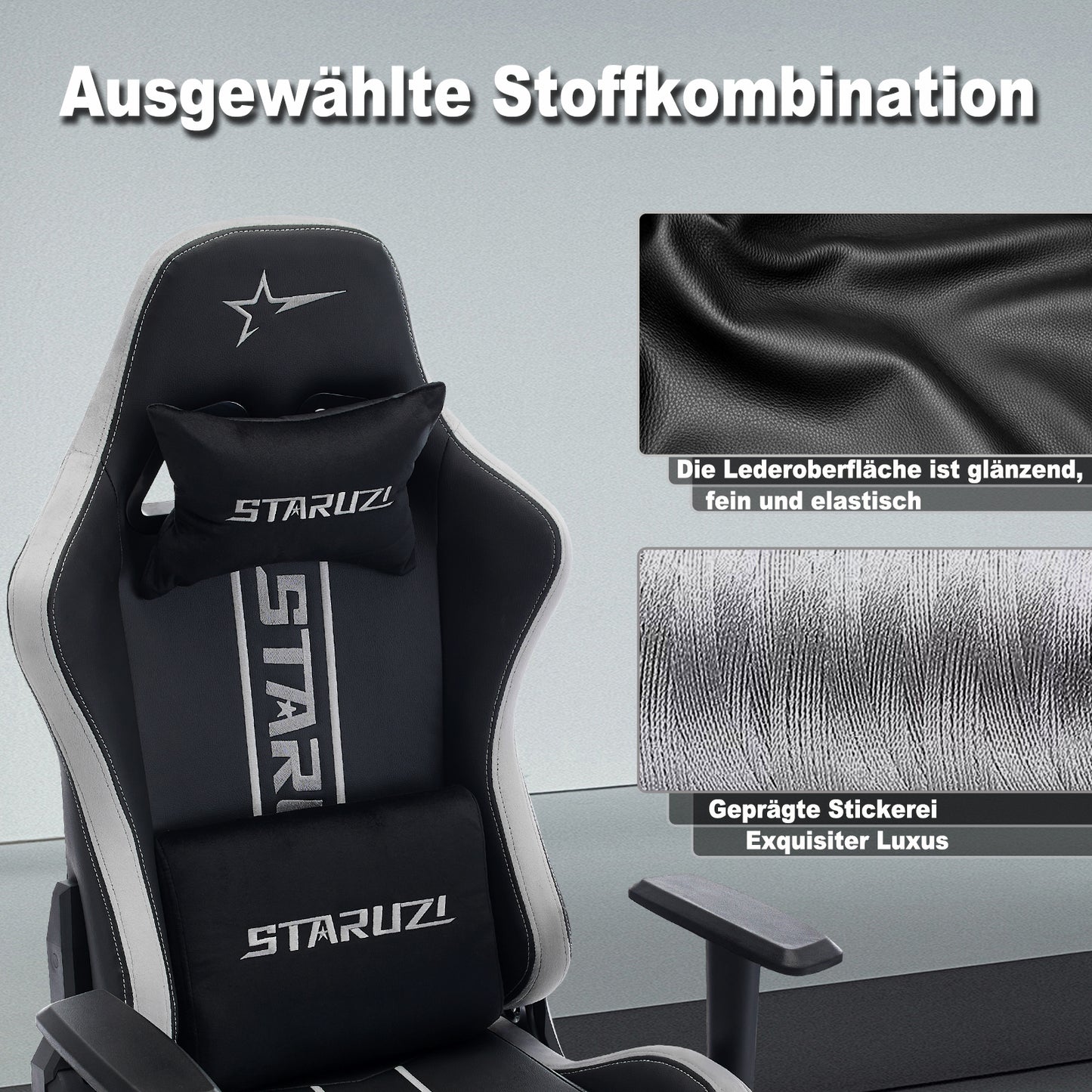 STARUZI Ergonomischer Gaming Stuhl/Gamer Stuhl mit Fußstütze, 180 kg Belastbarkeit, PU Leder Gaming Chair mit Verstellbaren Armlehnen, Rückenlehne und Sitzhöhe, Grau