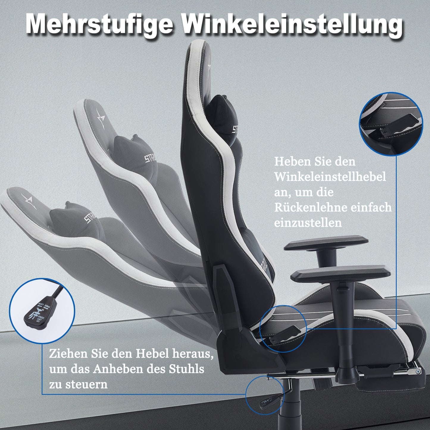 STARUZI Ergonomischer Gaming Stuhl/Gamer Stuhl mit Fußstütze, 180 kg Belastbarkeit, PU Leder Gaming Chair mit Verstellbaren Armlehnen, Rückenlehne und Sitzhöhe, Grau