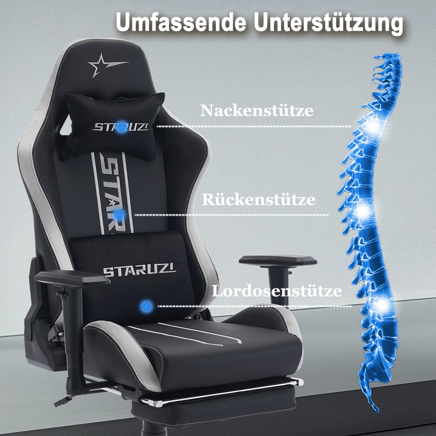 STARUZI Ergonomischer Gaming Stuhl/Gamer Stuhl mit Fußstütze, 180 kg Belastbarkeit, PU Leder Gaming Chair mit Verstellbaren Armlehnen, Rückenlehne und Sitzhöhe, Grau