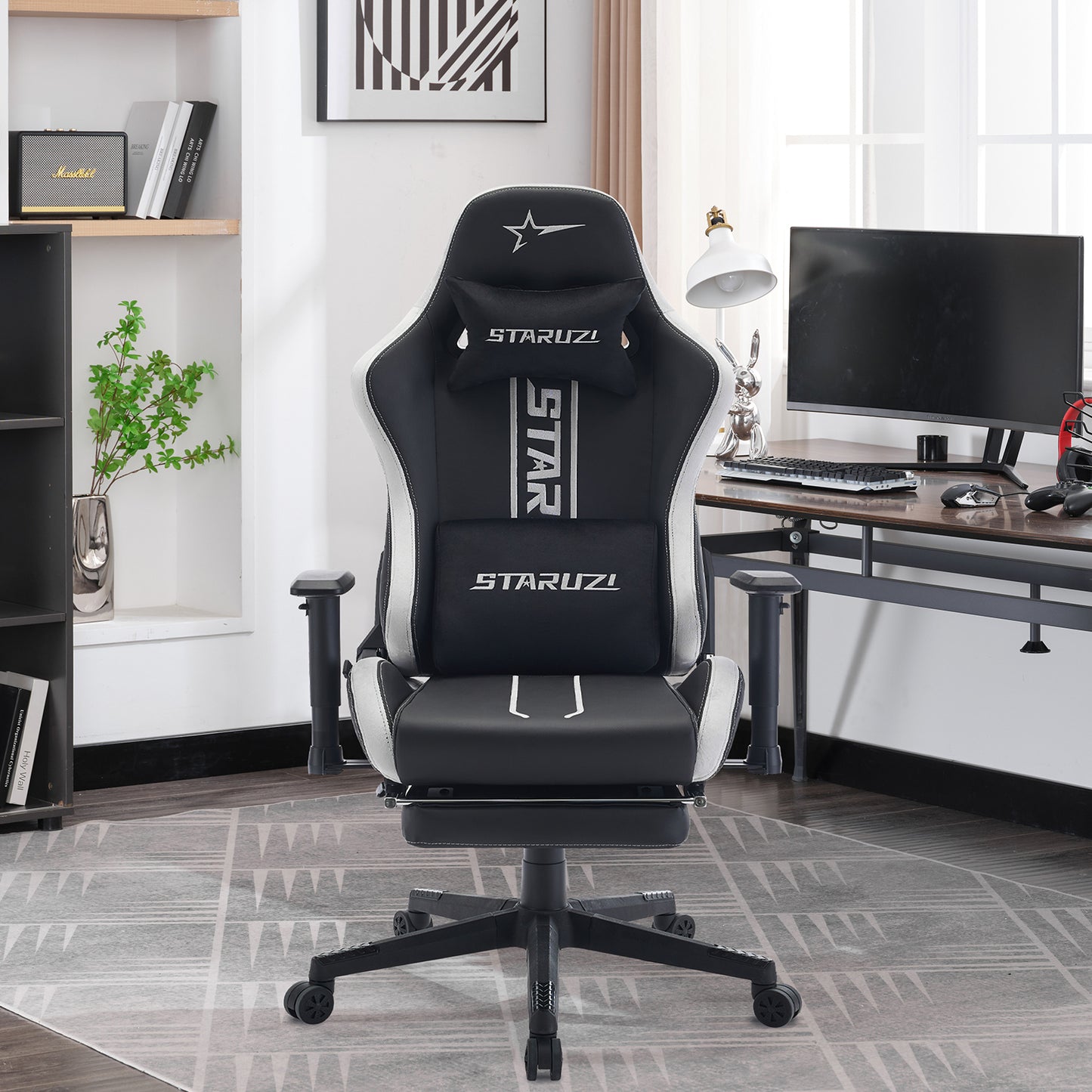 STARUZI Ergonomischer Gaming Stuhl/Gamer Stuhl mit Fußstütze, 180 kg Belastbarkeit, PU Leder Gaming Chair mit Verstellbaren Armlehnen, Rückenlehne und Sitzhöhe, Grau